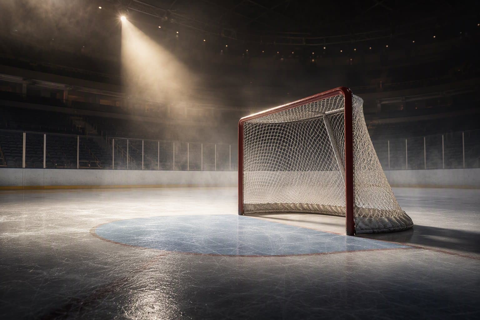 An empty goal crease from ice level - AI-generated illustration, Jake Team LLC
