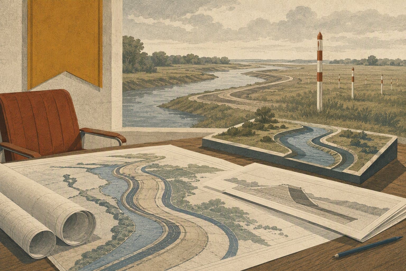 River flood control plan - illustration, Jake Team LLC
