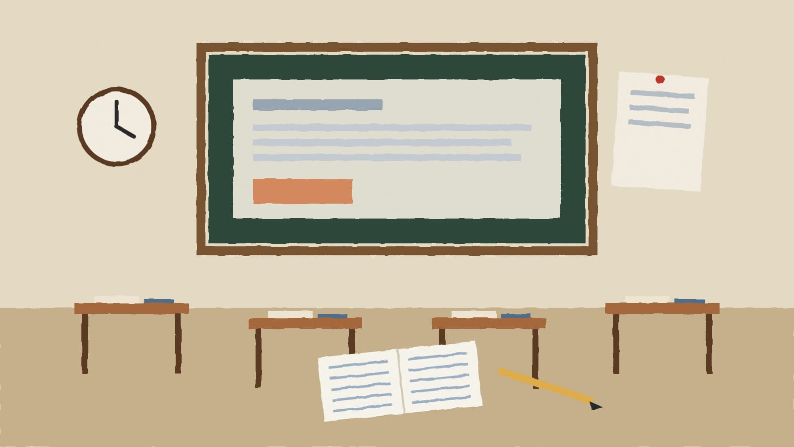 Classroom desks and open notebook - illustration, Jake Team LLC