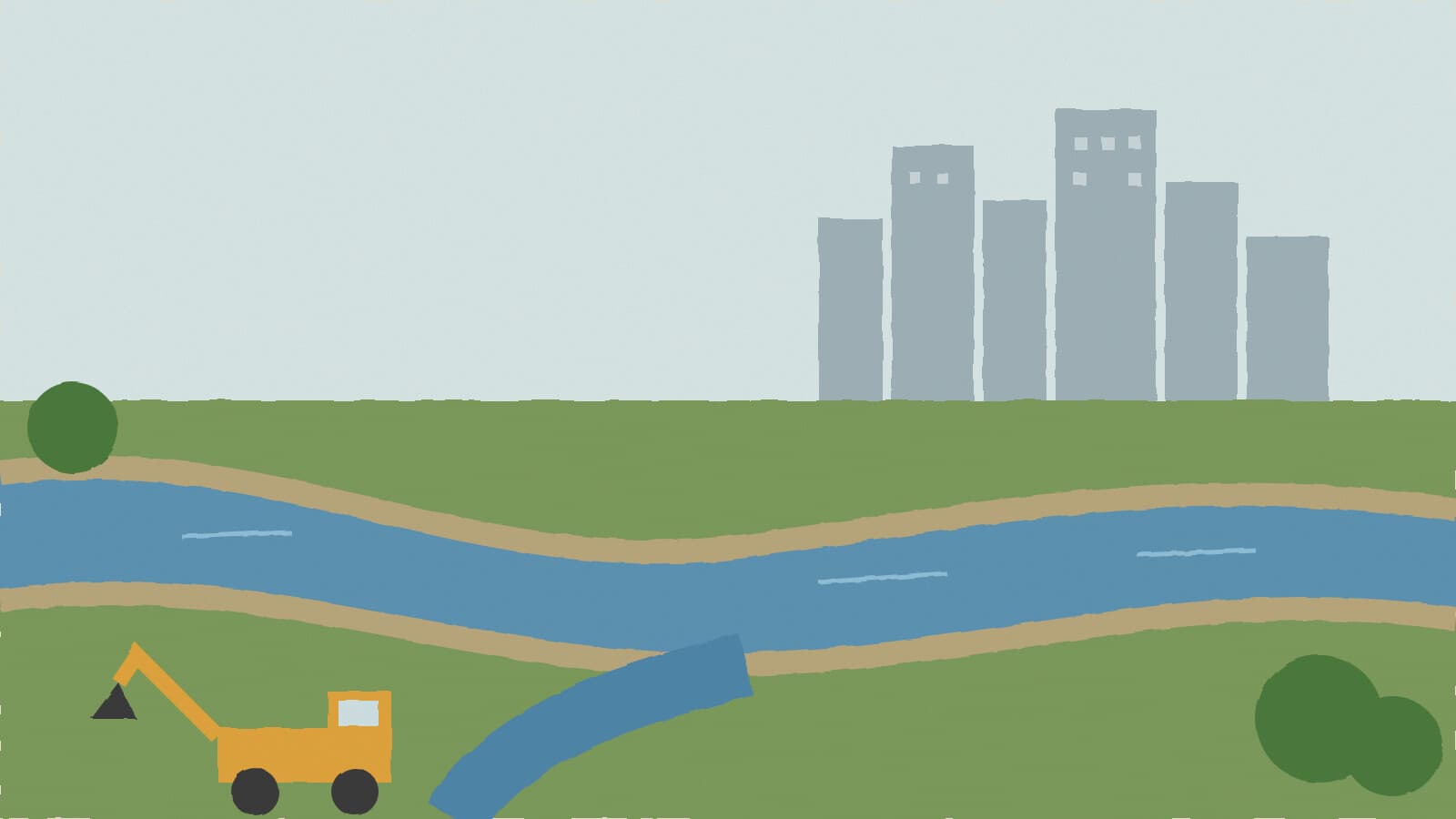 River channel with levees downtown - illustration, Jake Team LLC