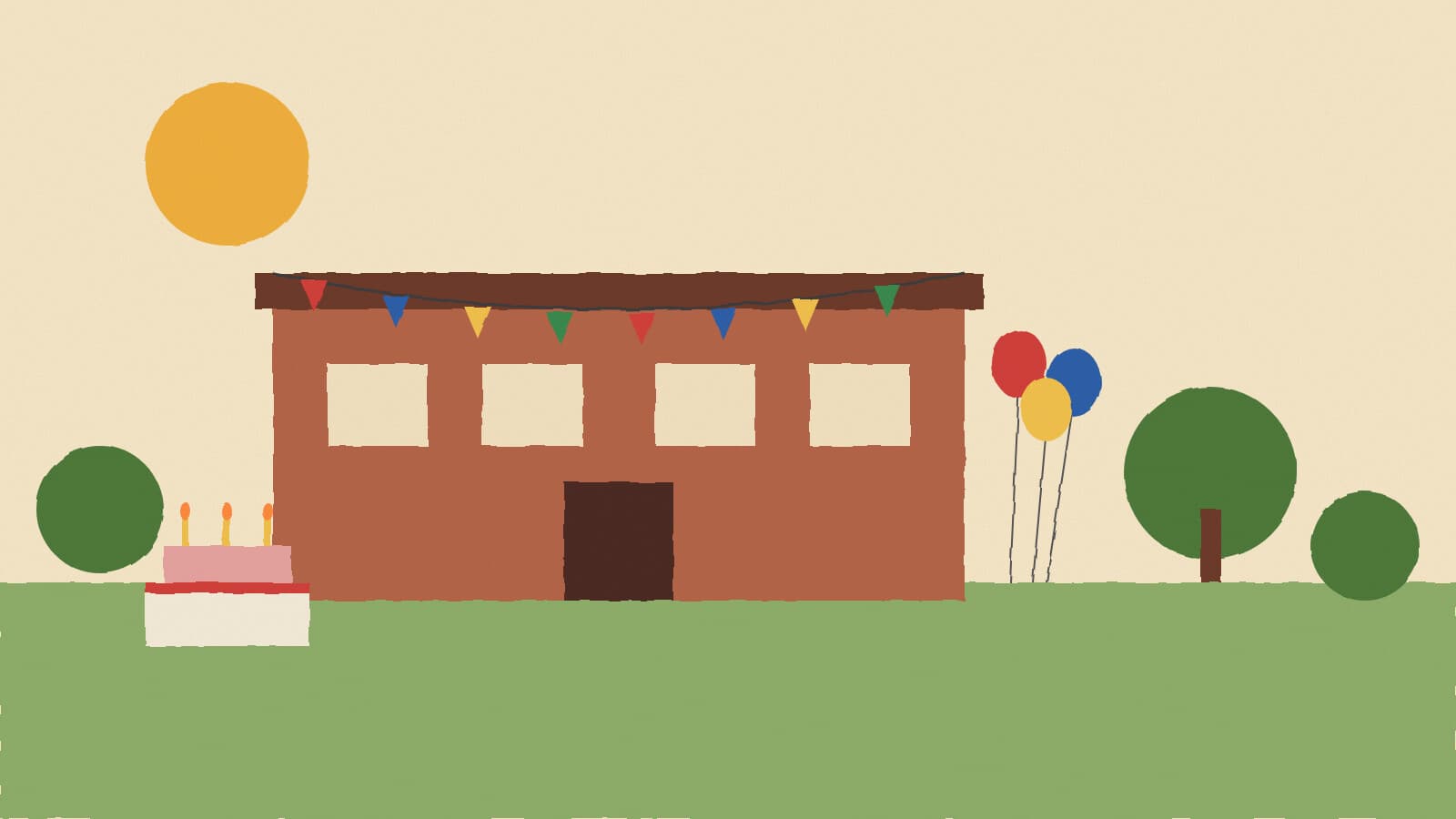 Community center with birthday bunting - illustration, Jake Team LLC