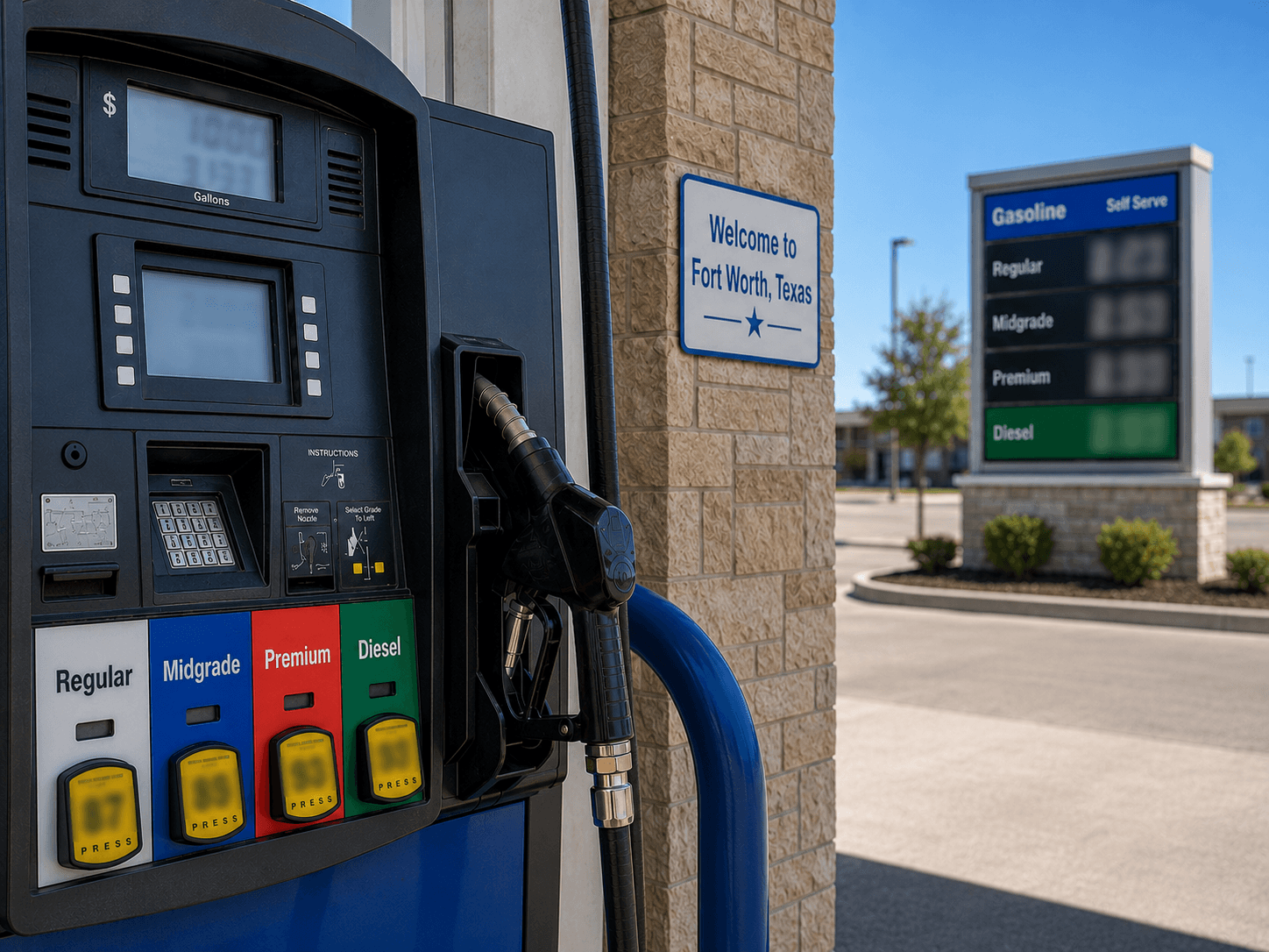 Gas prices at the pump in Fort Worth Texas - Illustration by Jake Team LLC