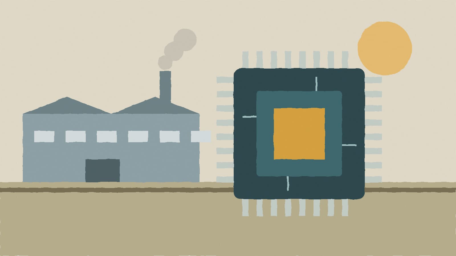 Microchip beside factory - illustration, Jake Team LLC