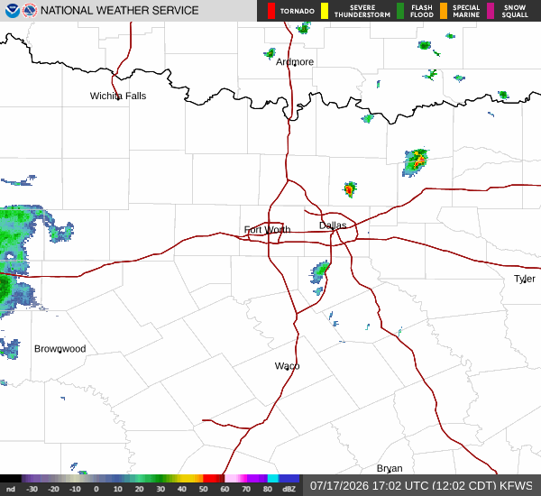 Latest National Weather Service radar for North Texas (KFWS radar). Source: radar.weather.gov.