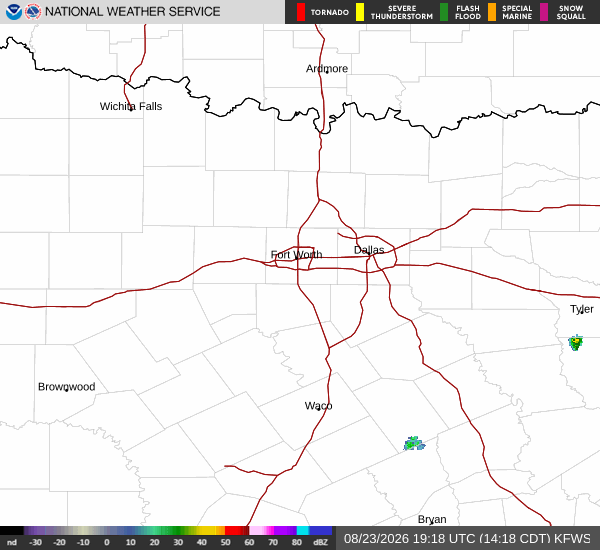 Latest National Weather Service radar for North Texas (KFWS radar). Source: radar.weather.gov.