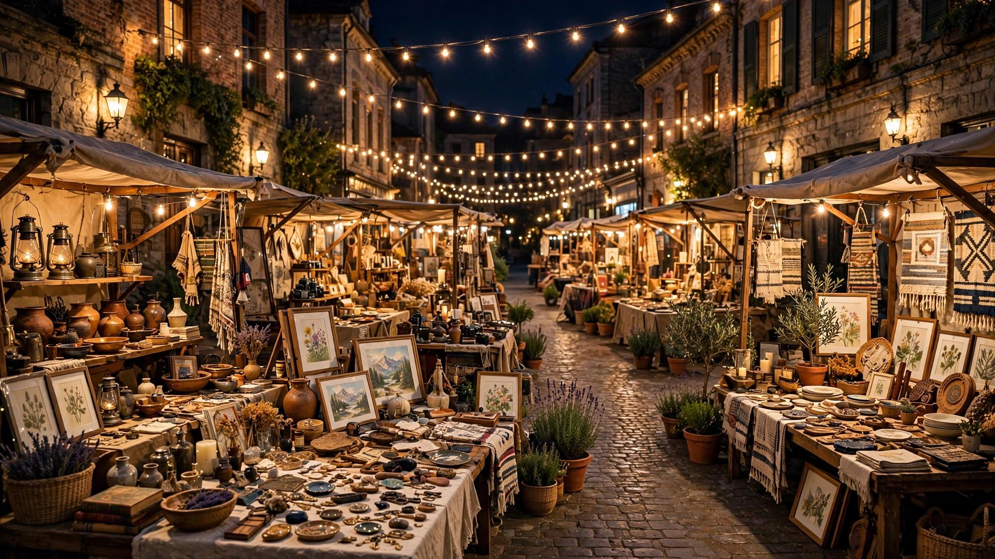 Downtown square at night with vendor stalls and lights - illustration