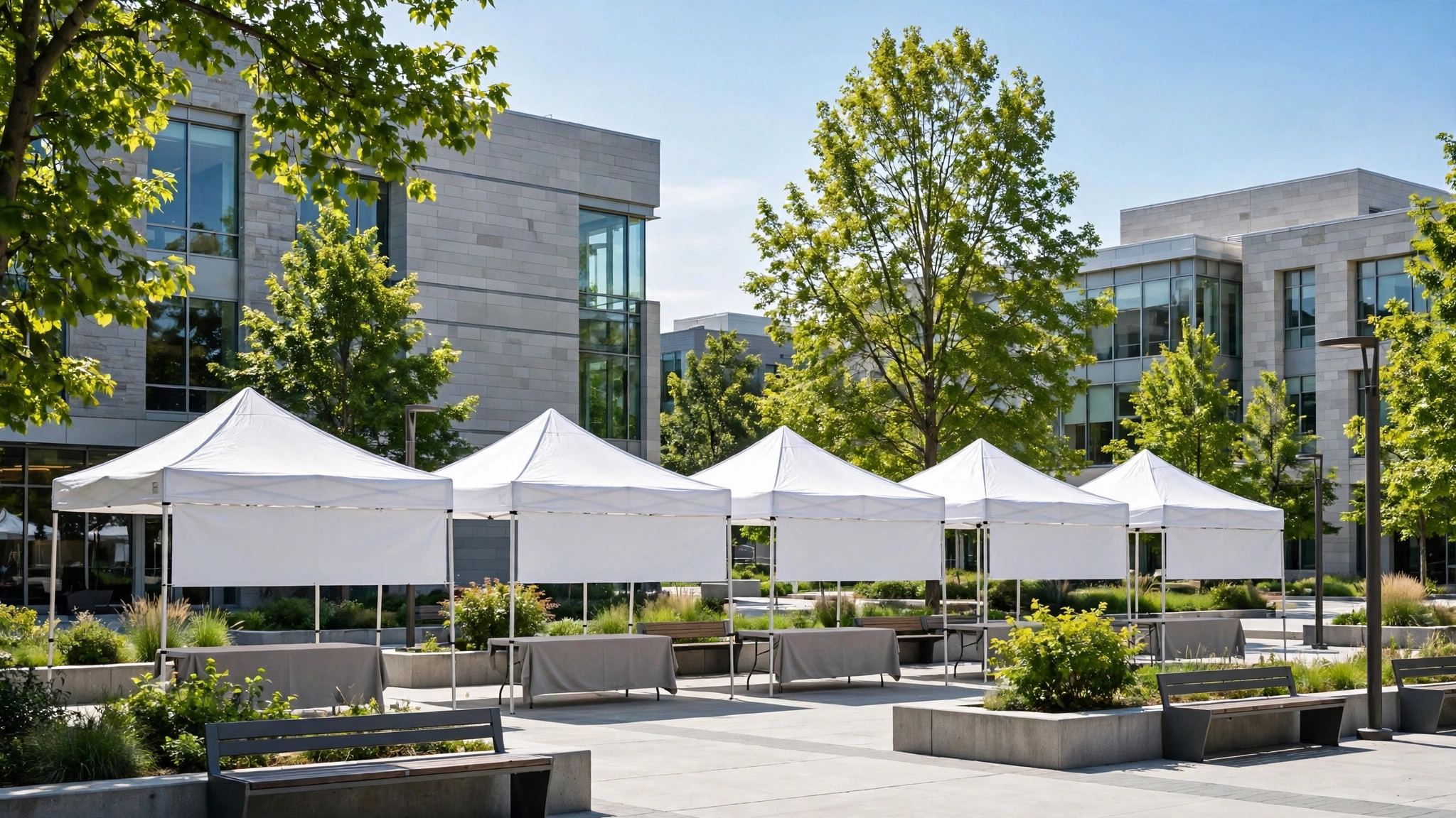 University plaza with resource fair booths and flags - illustration